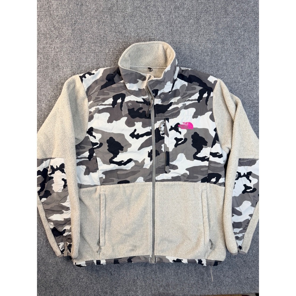 The North Face Denali Fleece Jacket Women XL Grey Camo Pink Logo Polartec Zip Up
